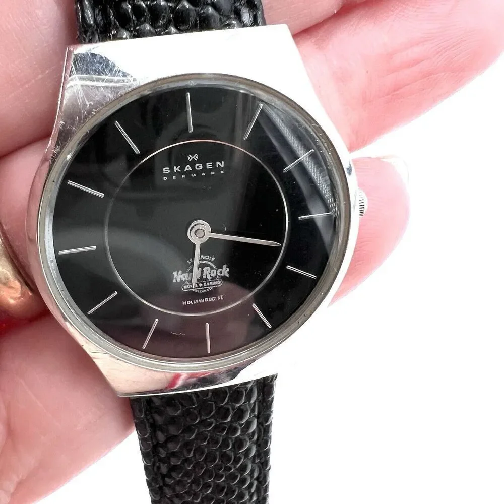 Skagen Denmark Hard Rock Cafe Hollywood FL Wrist Watch Black Lizard Band WORKS!